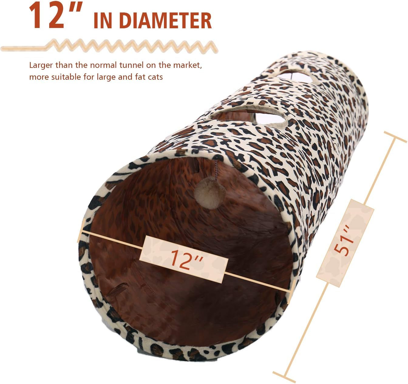 XL Collapsible Cat Tunnel for Fat Cats & Rabbits - 51"X12" Extra Wide Pet Play Tunnel with 12-Inch Diameter for Large Cats, Small Dogs