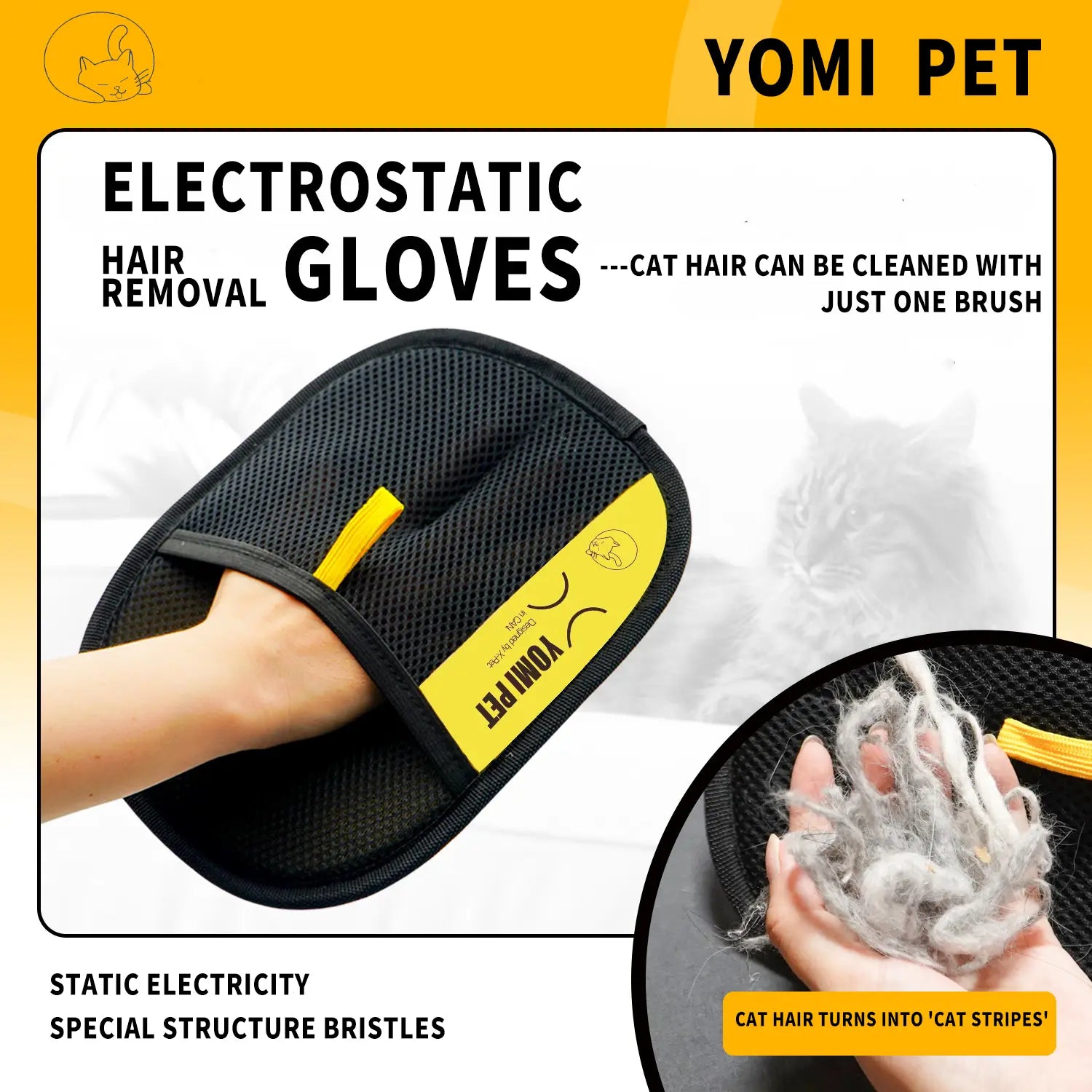 YOMI PET Hair Remover Electrostatic Gloves Two-Way Brush Sticky Hair Remover Cat Hair Dog Hair Glover Grooming Removal Cleaning