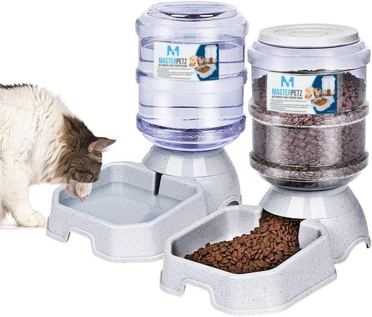 2 Pack Cat Feeder Automatic and Water Dispenser for Dogs Pets, 1 Gallon Gravity Feed Water Bowl Waterer for Small Medium Cats Auto Pet Waterer Replenish