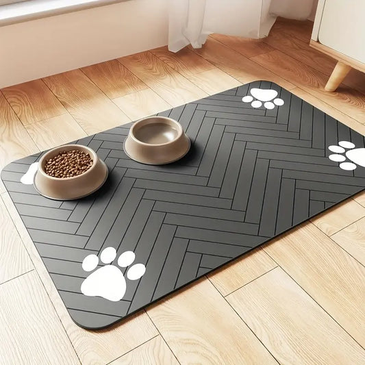 Quick-Drying Absorbent Pet Feeding Mat for Dogs and Cats, Non-Slip Rubber Bottom, Dark Polyester Surface for Indoor Use