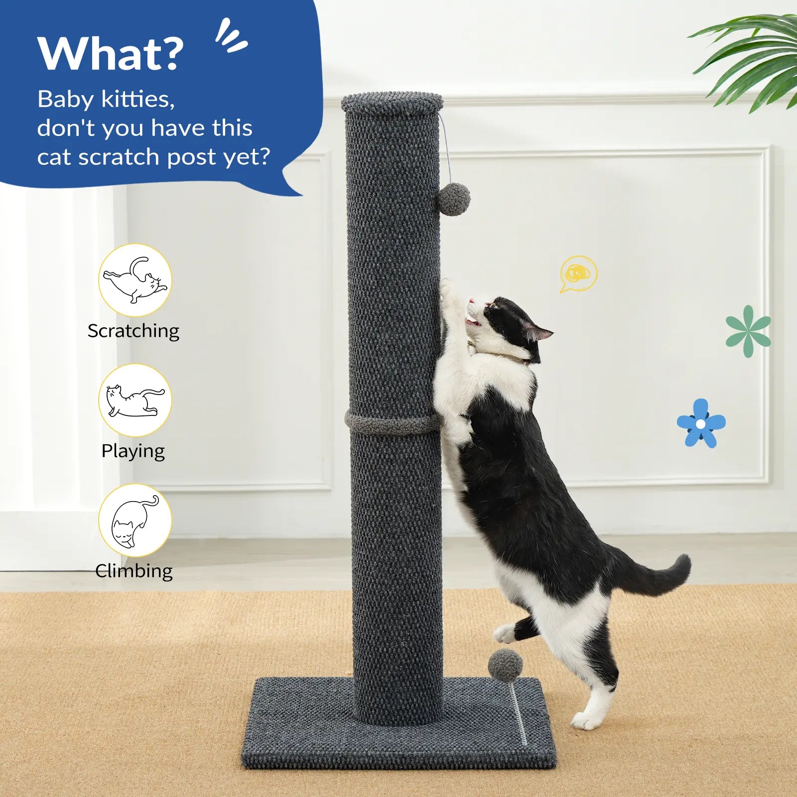 MADE 4 PETS Tall Cat Scratching Post for Indoor Cats Gray Large Scratching Post with Replaceable Toys & Sturdy Base 41-Inch High Space-Saving Design Imitation Sisal Solid Construction Vertical Scratcher