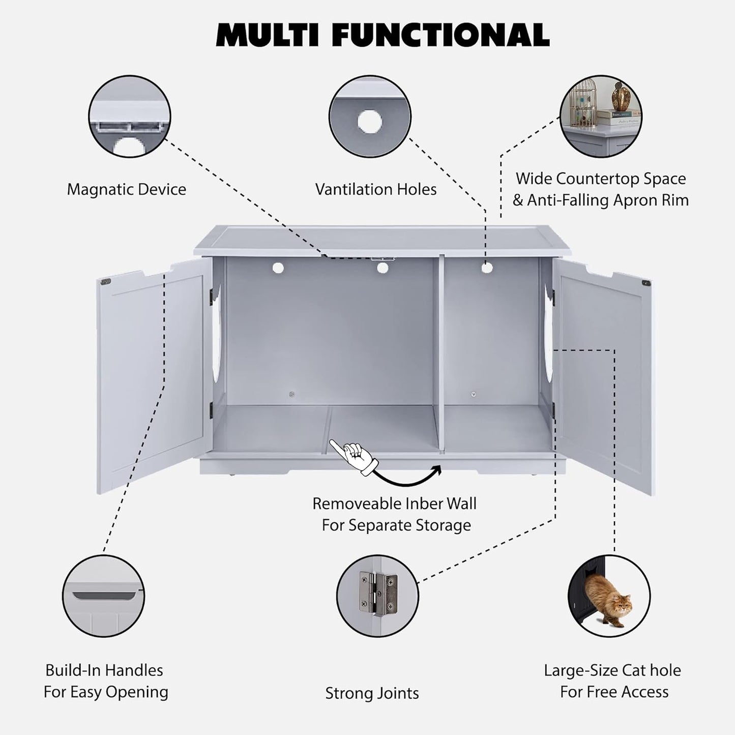 X-Large Designer Cat Washroom Storage Bench Cat Litter Box Enclosure Furniture Box House with Table, Big Enough for Automatic Litter Box or Two Litter Boxes.