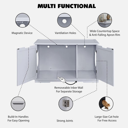 X-Large Designer Cat Washroom Storage Bench Cat Litter Box Enclosure Furniture Box House with Table, Big Enough for Automatic Litter Box or Two Litter Boxes.